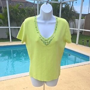 Lime Green HEARTS OF PALM Beaded Knit V-Neck Women's Top